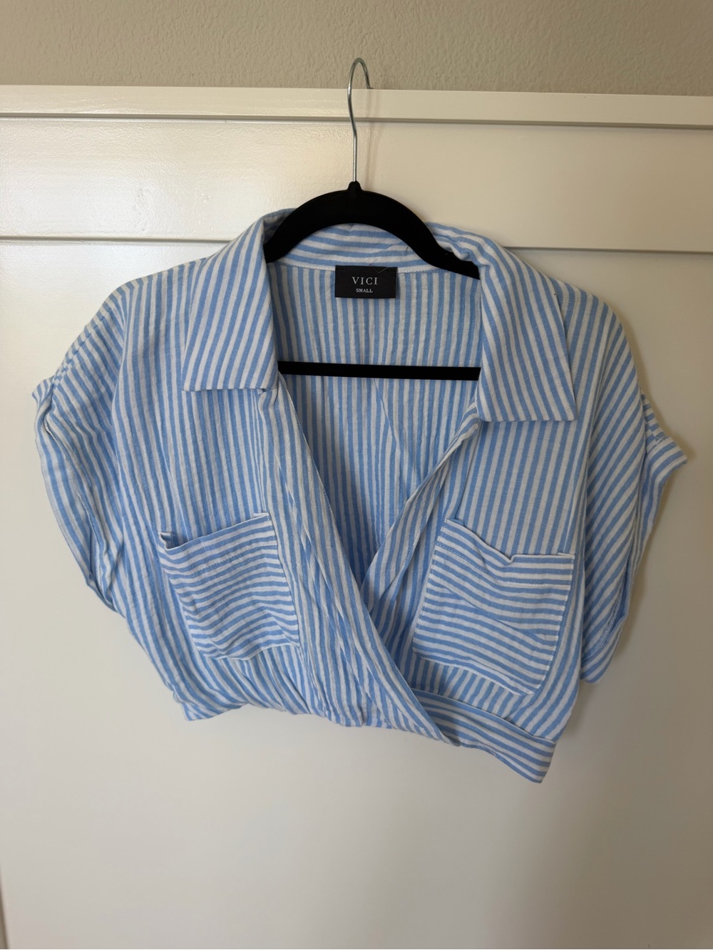 VICI Light Blue and White Striped Casual Button-Down Shirt